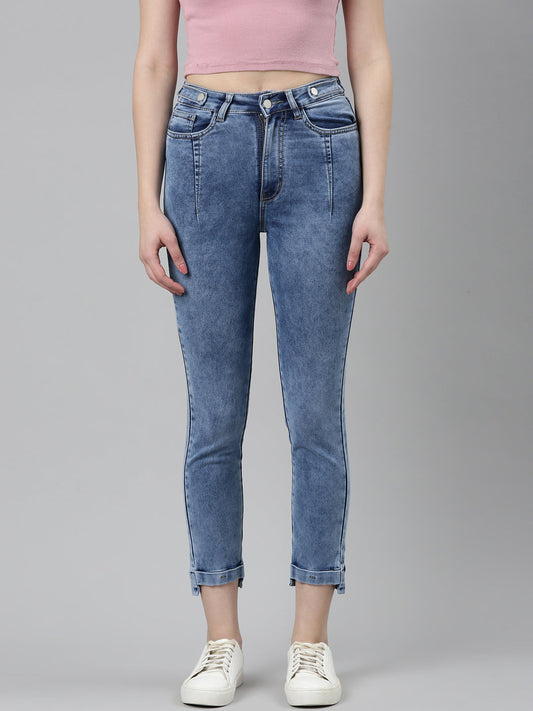 Women's Blue Mid Rise Slim Fit Cuffed Hem Denim Jeans