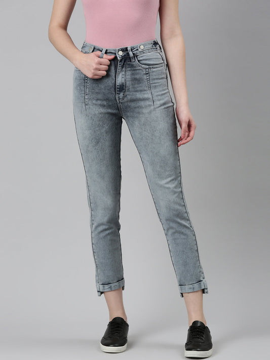 Women's Grey Mid Rise Slim Fit Heavy Fade Acid Wash Denim Jeans