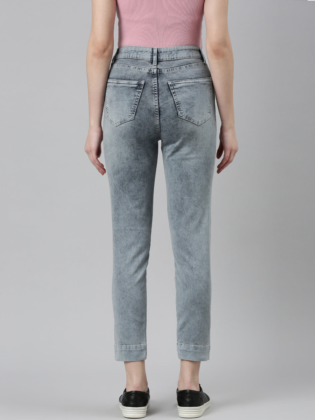 Women's Grey Mid Rise Slim Fit Heavy Fade Acid Wash Denim Jeans