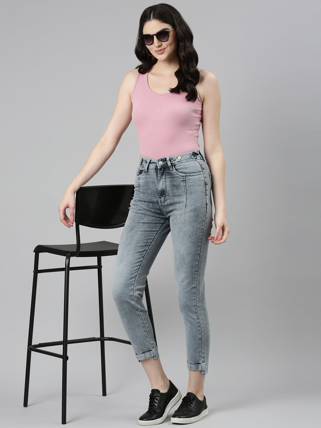 Women's Grey Mid Rise Slim Fit Heavy Fade Acid Wash Denim Jeans