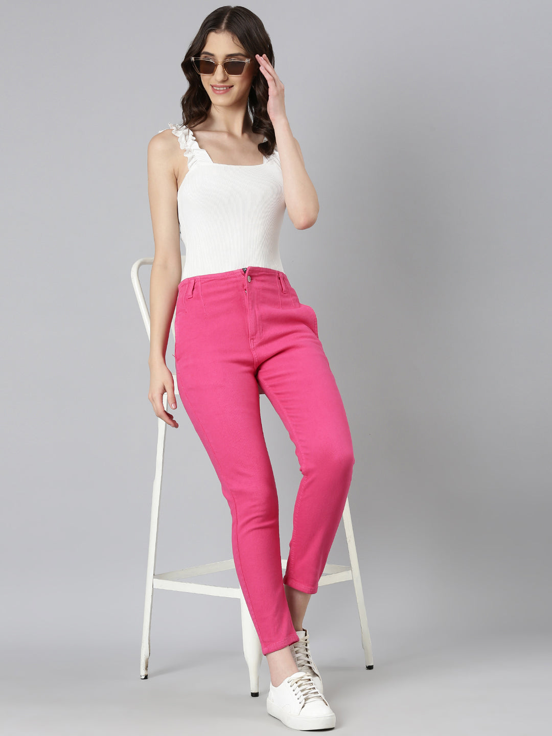 Women's Fuchsia Slim Fit Acid Wash High-Raise Denim Jeans