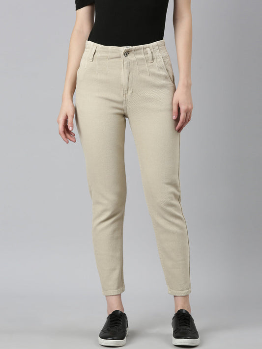 Women's Beige Mid-Rise Denim Jeans