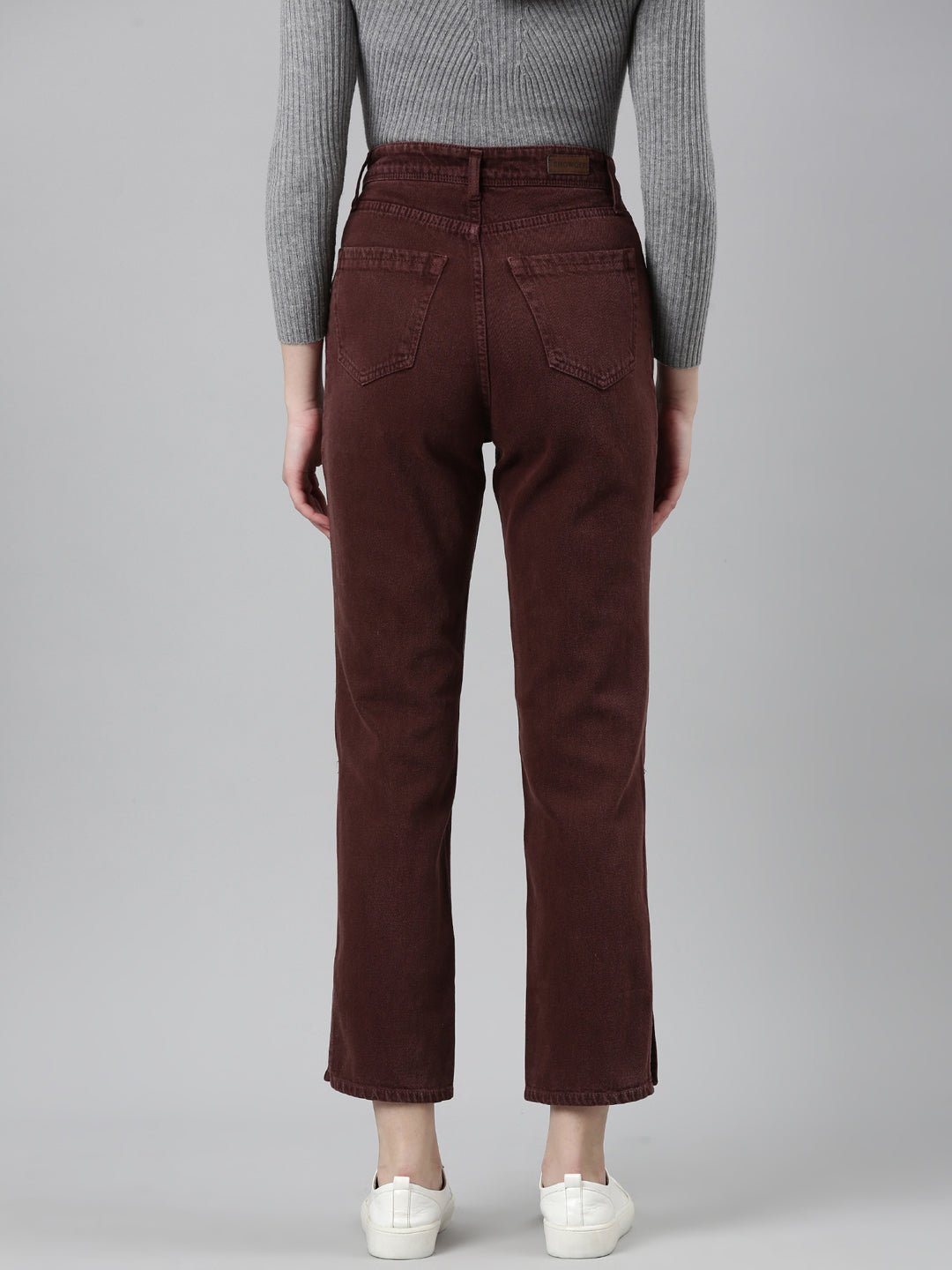 Women's Red Acid Wash High-Rise Denim Slit Jeans