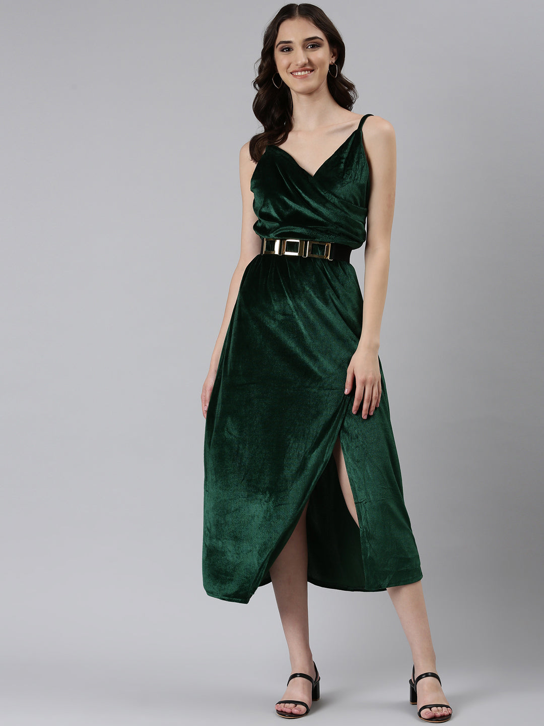 Women's Green Shoulder Straps Slit Velvet A-Line Midi Dress