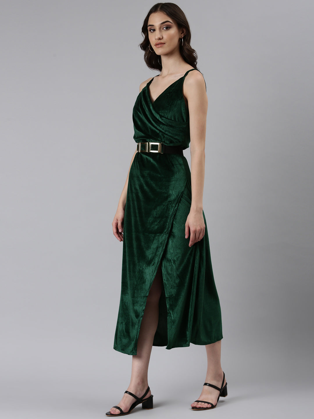 Women's Green Shoulder Straps Slit Velvet A-Line Midi Dress