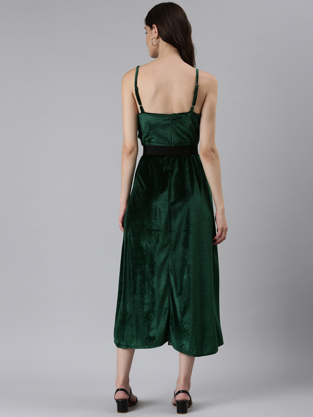 Women's Green Shoulder Straps Slit Velvet A-Line Midi Dress