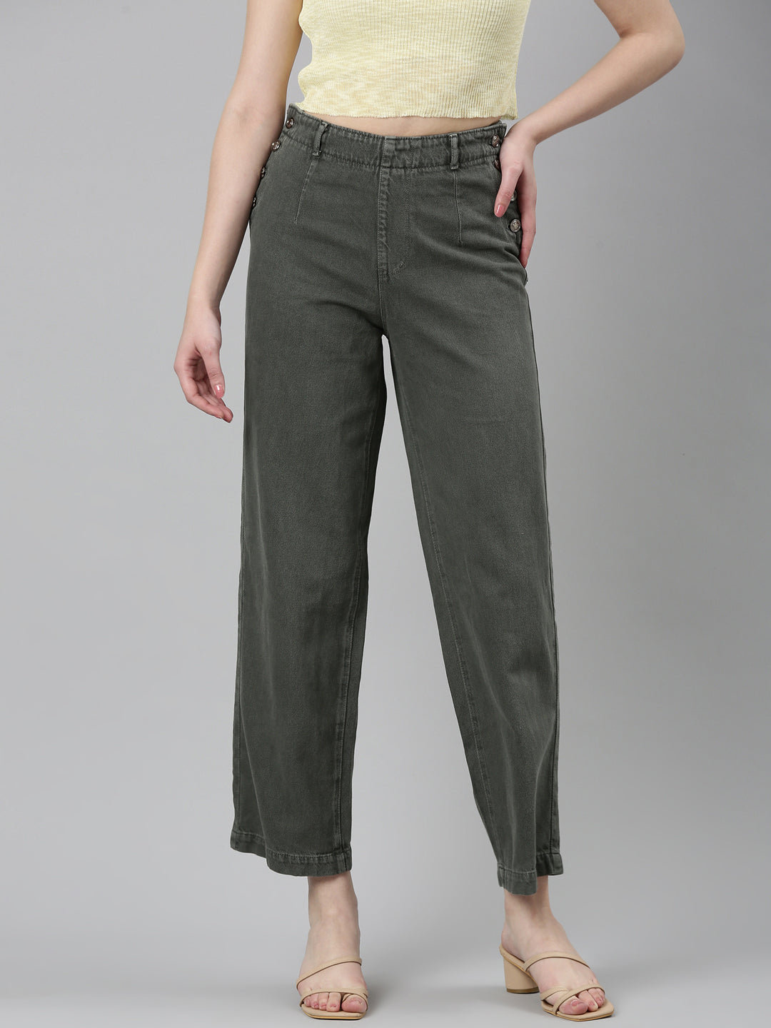 Women's Olive Retro Denims Wide Leg Jeans