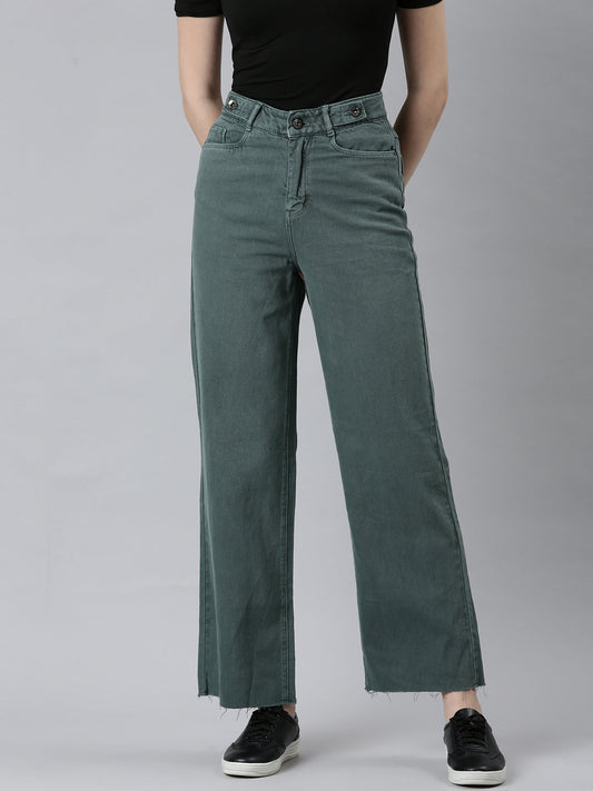Women's Green Straight Fit Frayed Denim Jeans