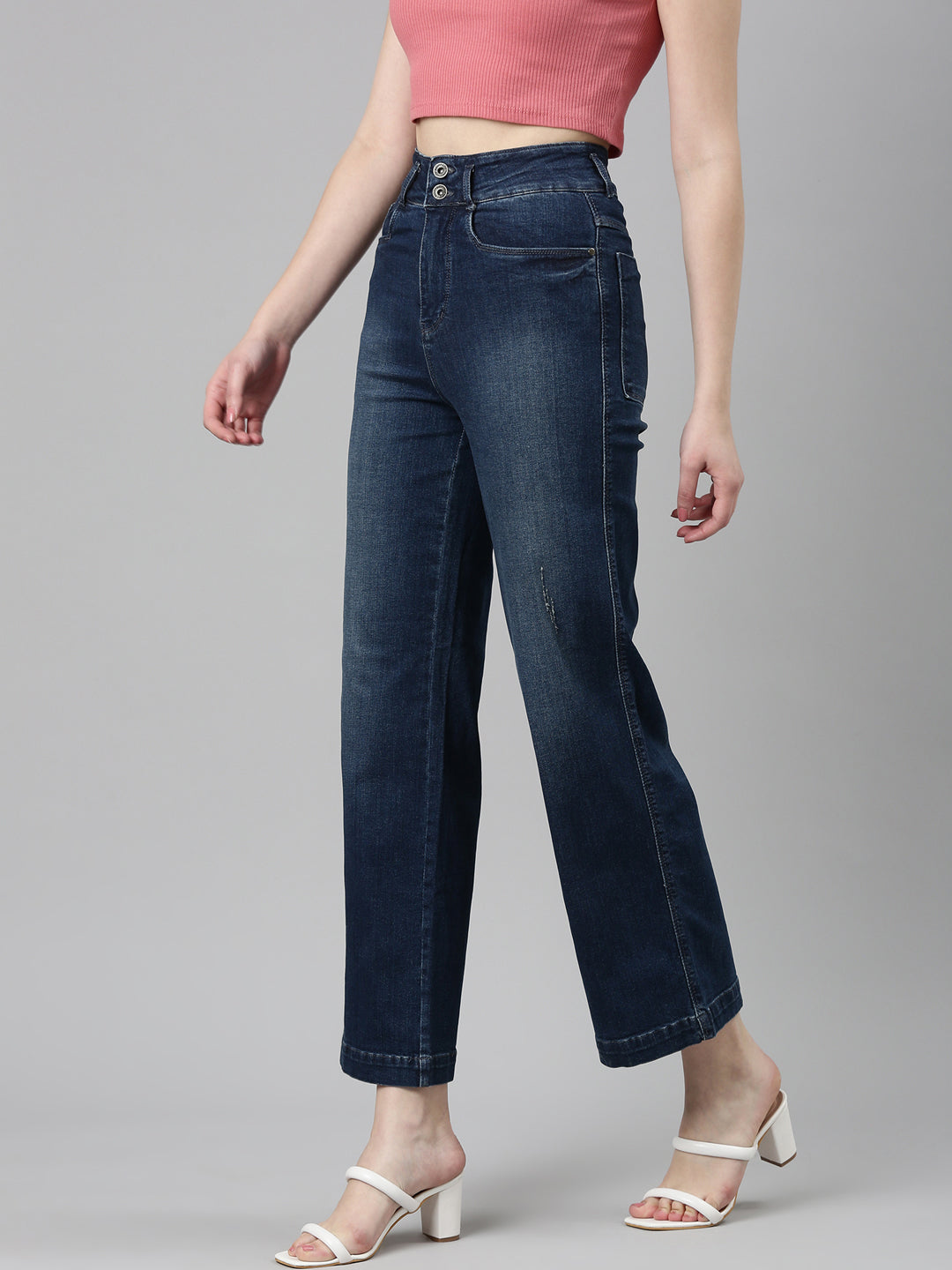 Women's Navy Blue Acid Wash Wide Leg Mid-Rise Denim Jeans