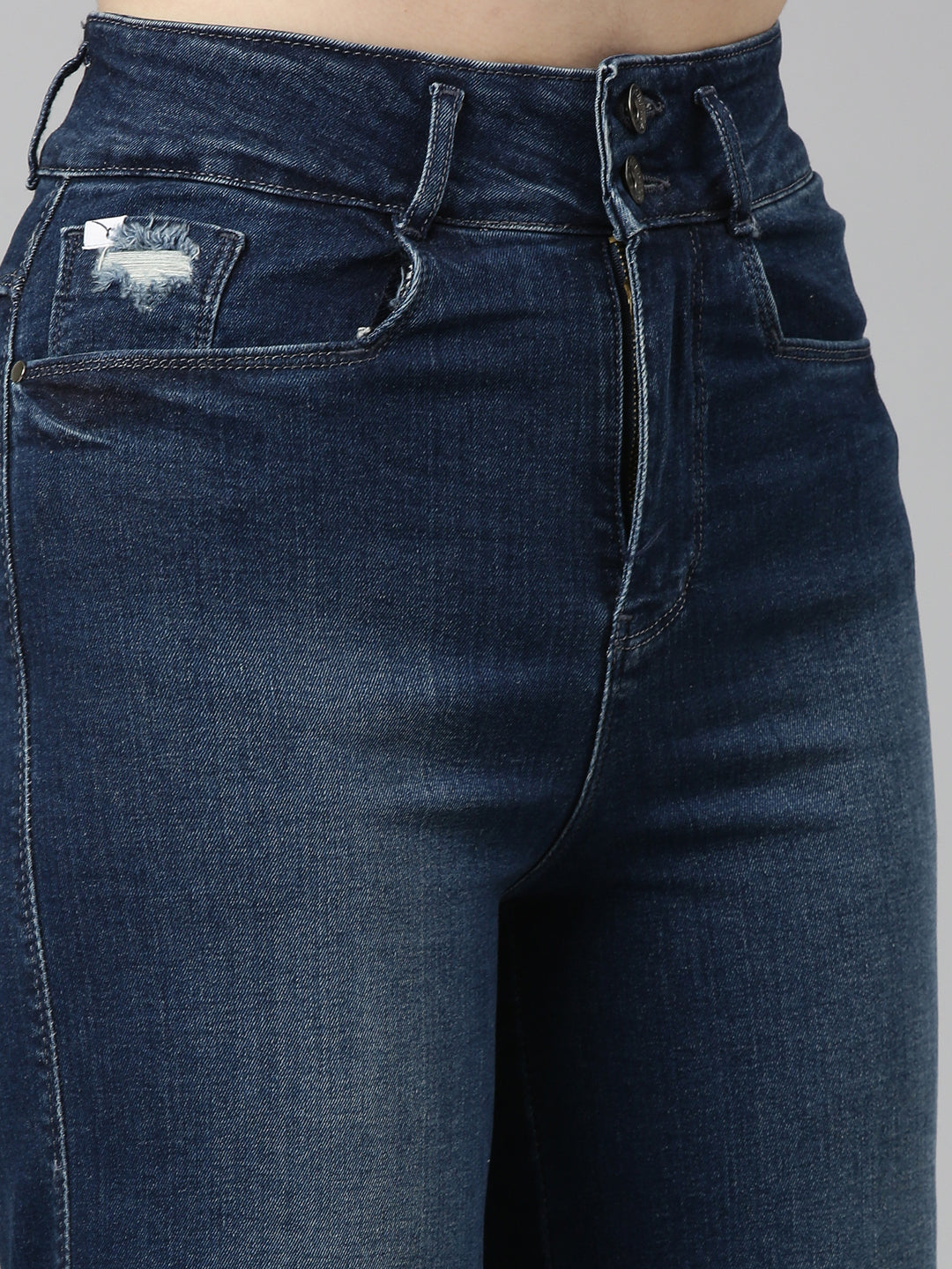 Women's Navy Blue Acid Wash Wide Leg Mid-Rise Denim Jeans