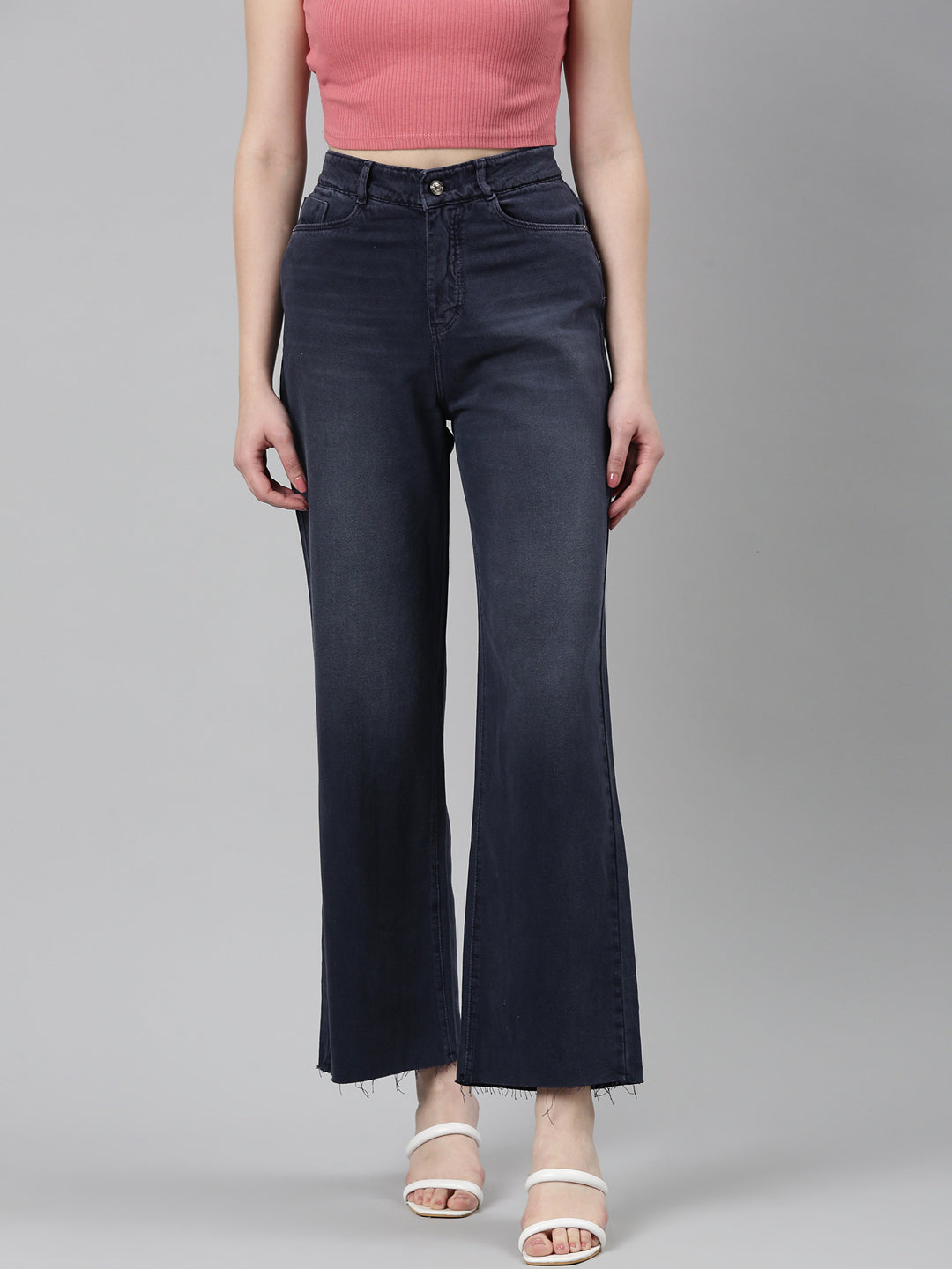 Women's Navy Blue Mid-Rise Light Fade Whiskers & Chevrons Denim Jeans