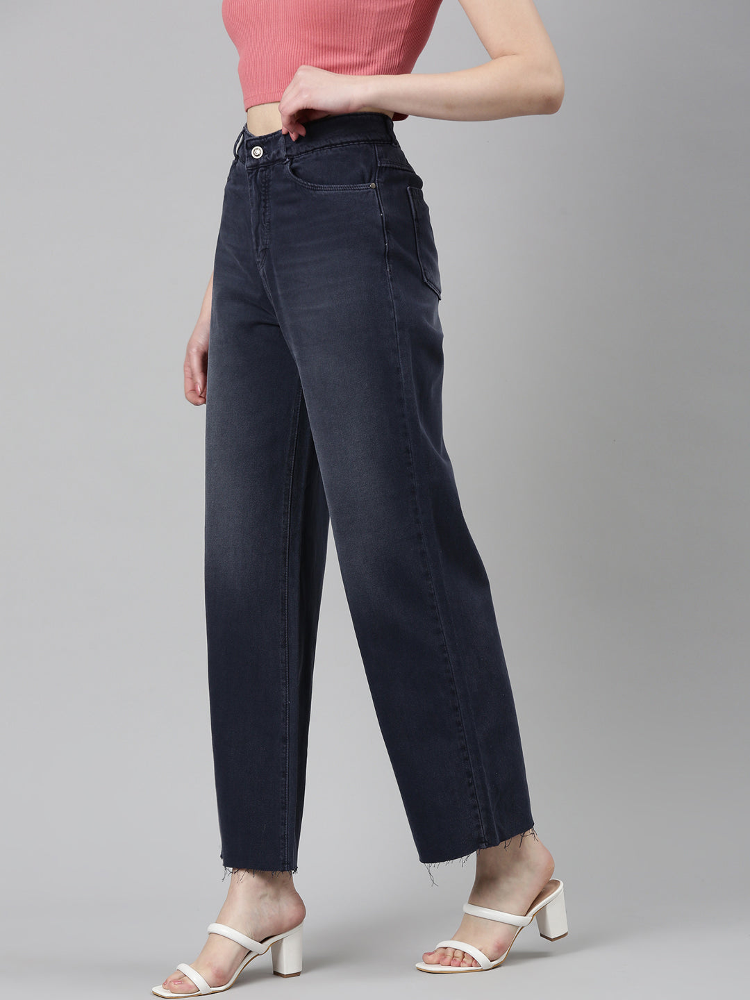Women's Navy Blue Mid-Rise Light Fade Whiskers & Chevrons Denim Jeans