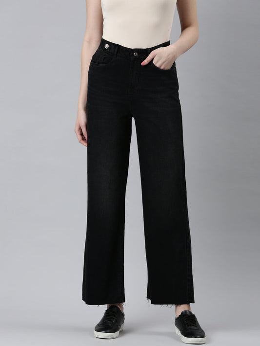 Women's Black High-Rise Wide Leg Non Denim Cotton Jeans