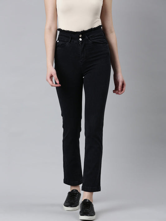 Women's Black Mid-Rise Frayed Denim Jeans