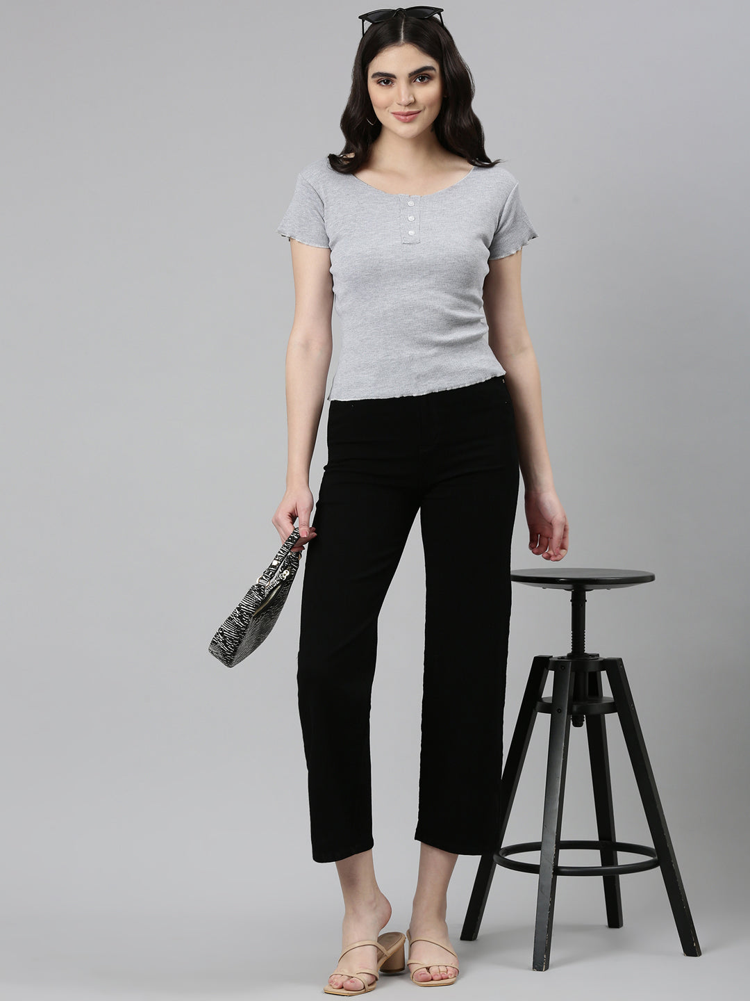 Women's Black Jean Acid Wash Wide Leg Mid-Rise Denim Jeans