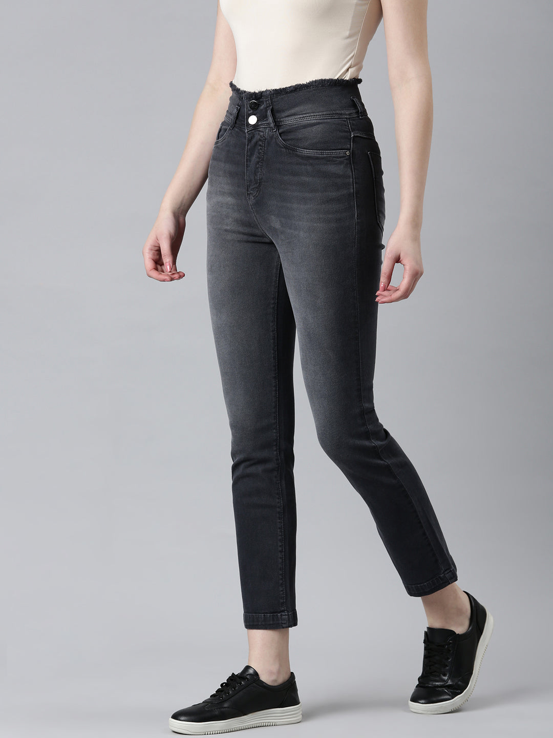 Women's Black Straight Fit Light Fade Acid Wash Denim Jeans