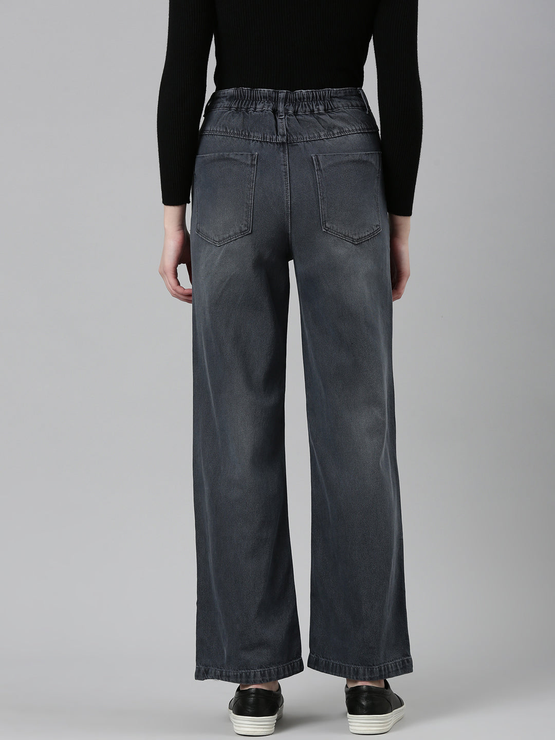 Women's Grey Wide Leg Low Distress Light Fade Denim Jeans