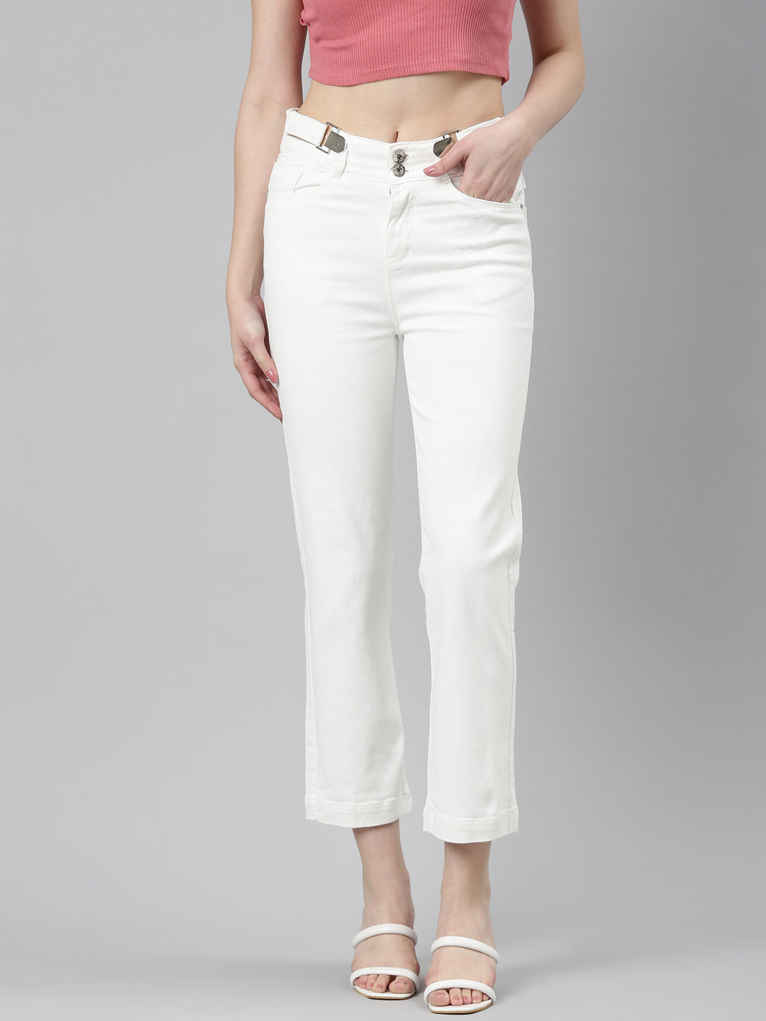 Women's White Solid Straight Fit Denim Jeans