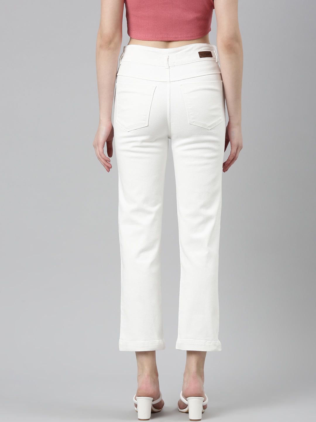 Women's White Solid Straight Fit Denim Jeans
