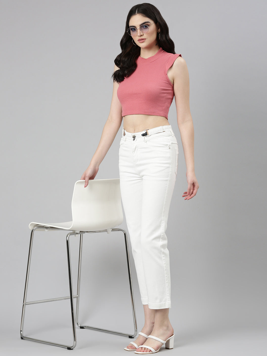 Women's White Solid Straight Fit Denim Jeans