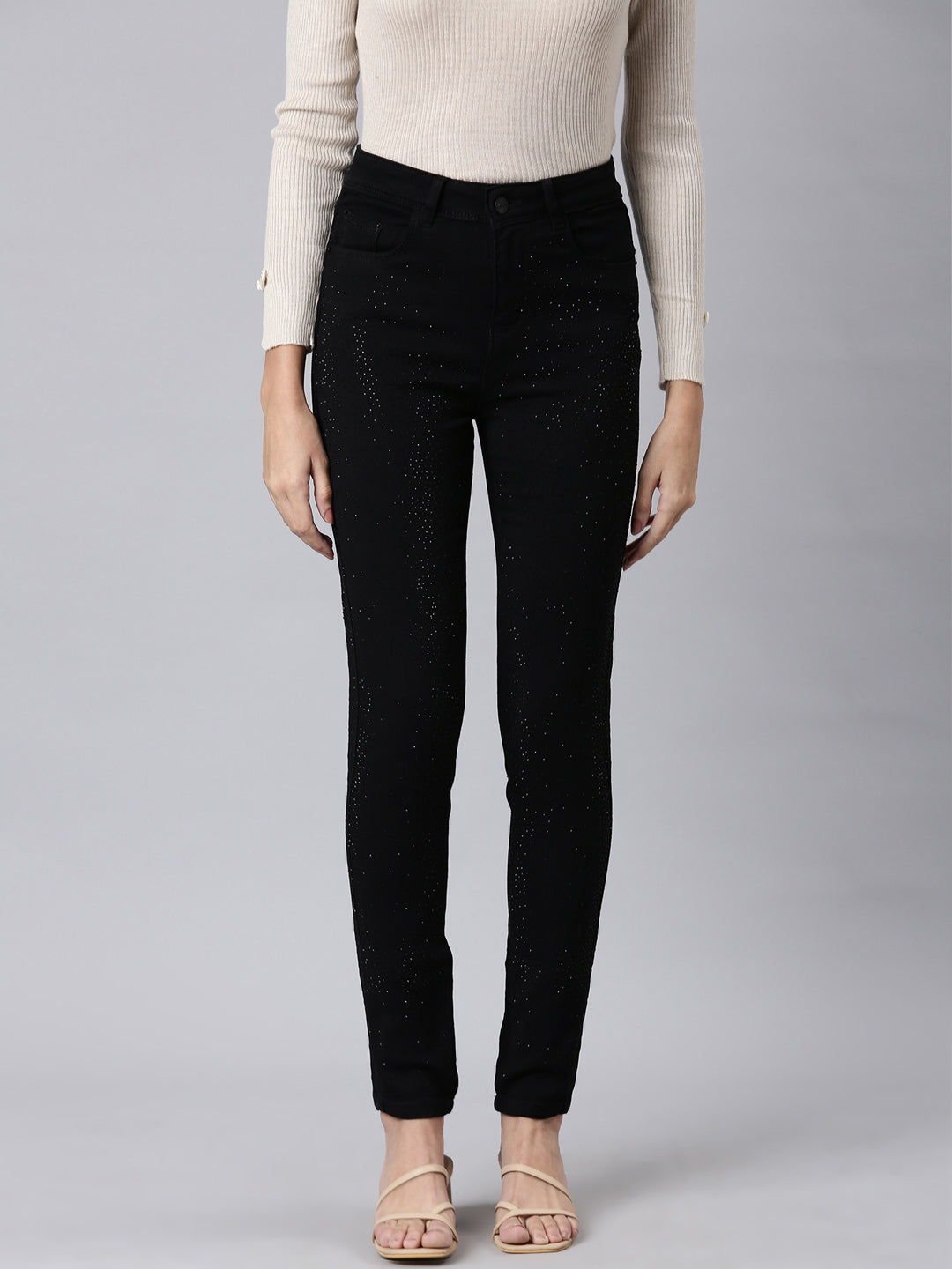 Women's Black Slim Fit High-Rise Embellished Denim Jeans