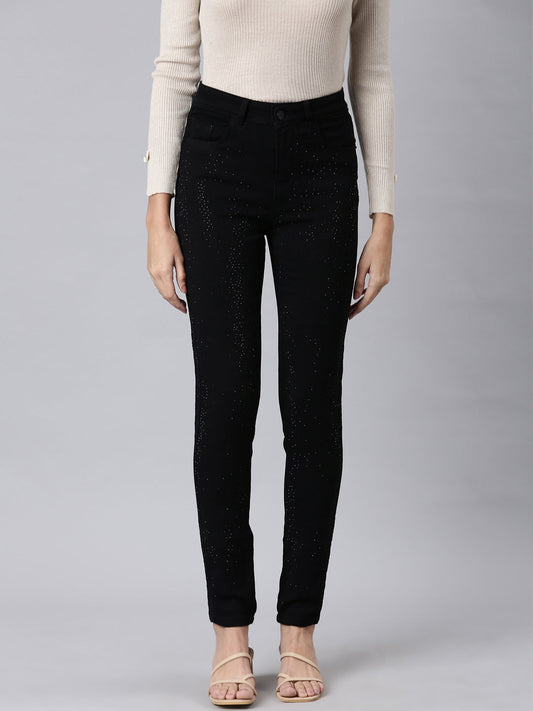 Women's Black Slim Fit High-Rise Embellished Denim Jeans