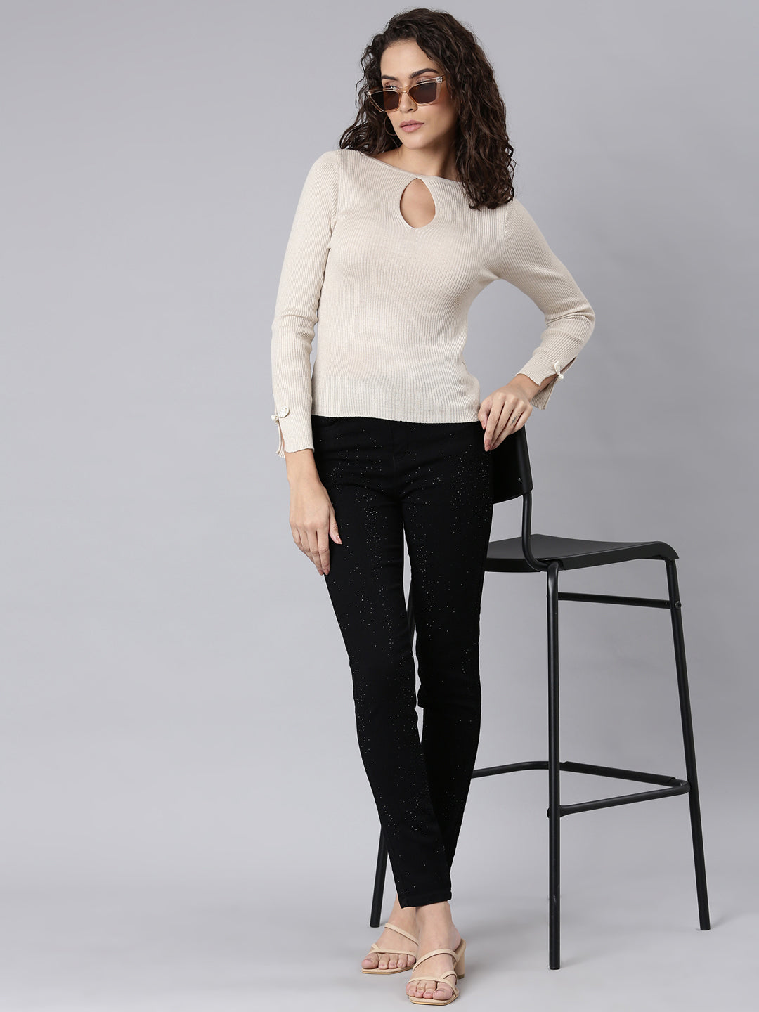 Women's Black Slim Fit High-Rise Embellished Denim Jeans