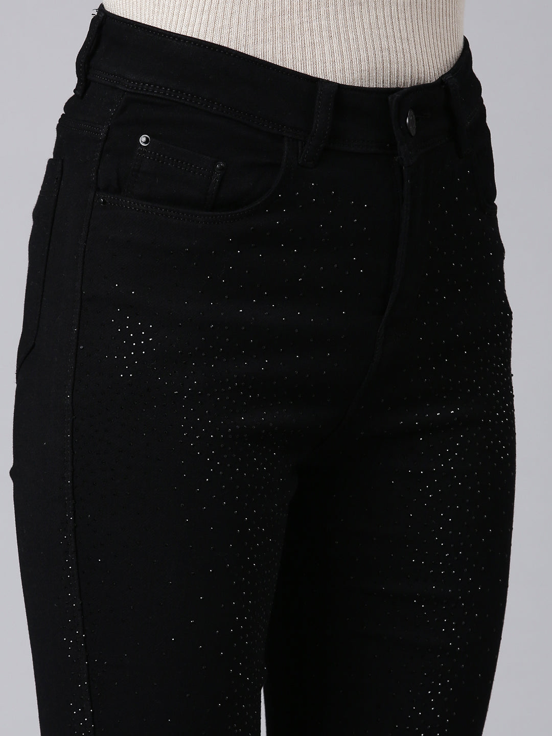 Women's Black Slim Fit High-Rise Embellished Denim Jeans