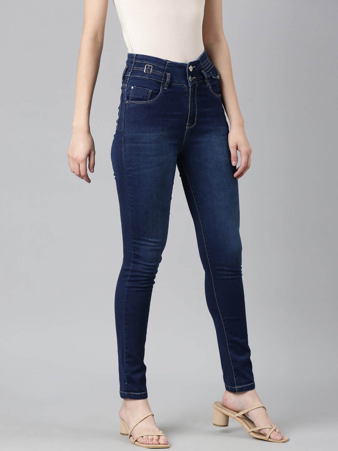 Women's Navy Blue Skinny Fit High Rise Light Fade Denim Jeans