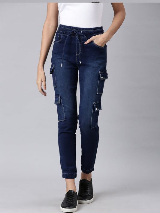 Women's Navy Blue Jogger Mid-Rise Light Fade Acid Wash Denim Jeans