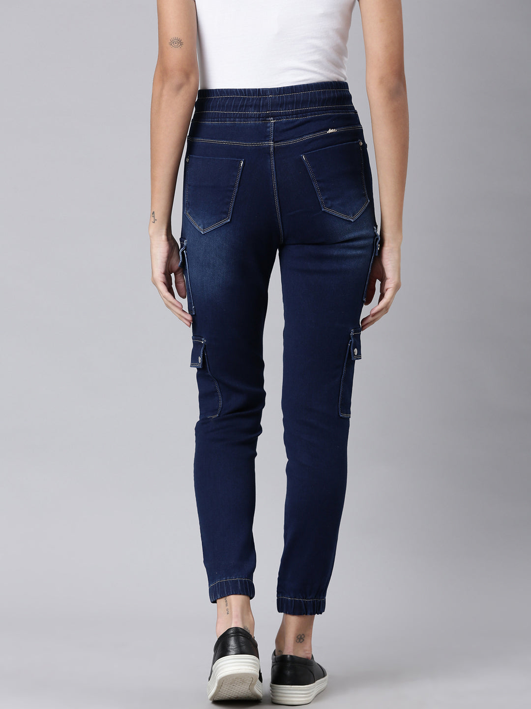 Women's Navy Blue Jogger Mid-Rise Light Fade Acid Wash Denim Jeans