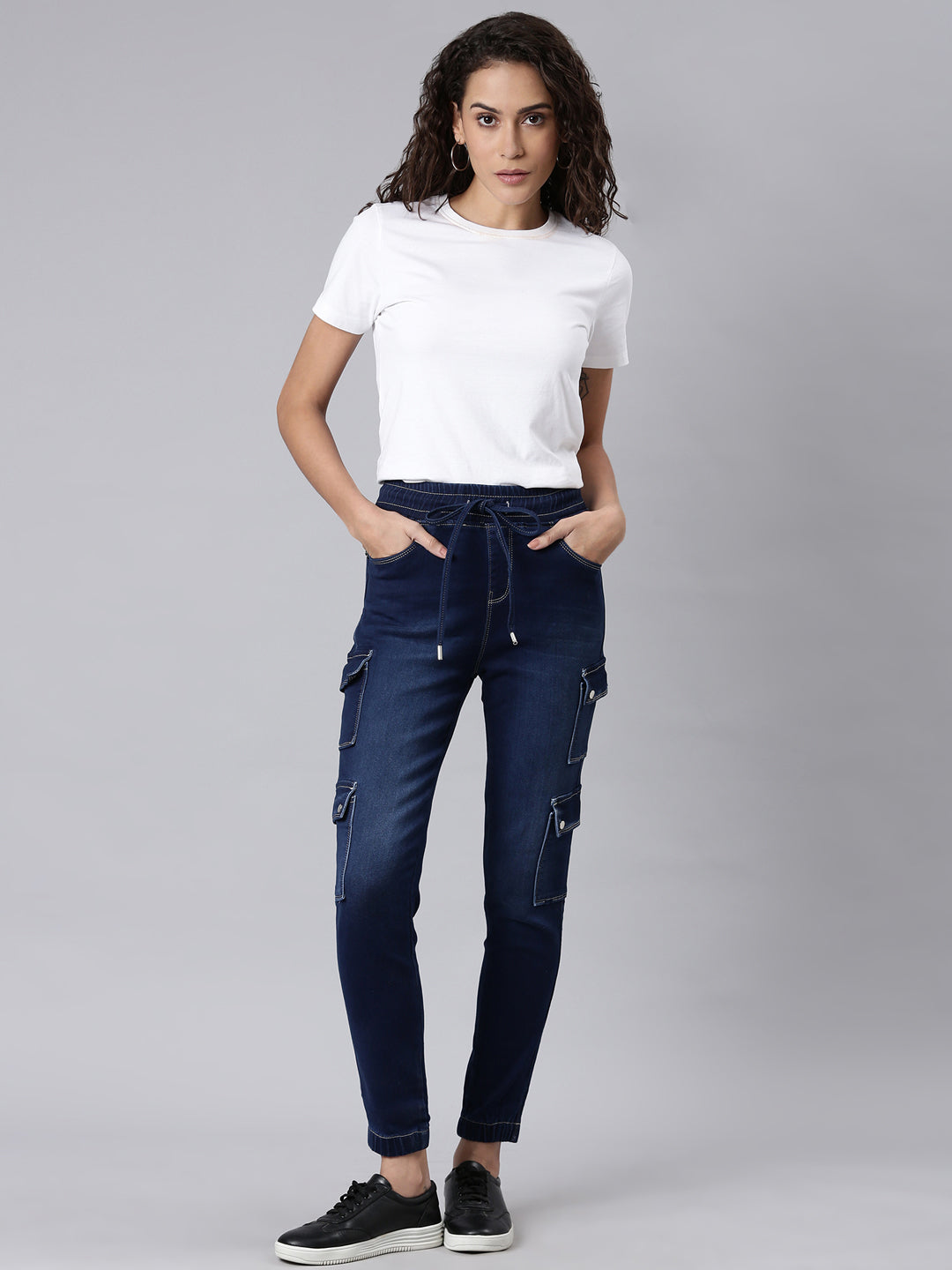 Women's Navy Blue Jogger Mid-Rise Light Fade Acid Wash Denim Jeans