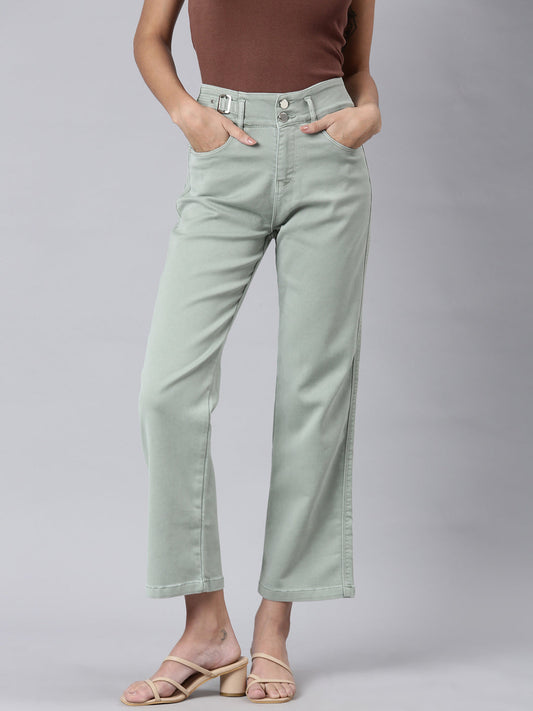 Women's Green Straight Fit Acid Wash High-Raise Denim Jeans