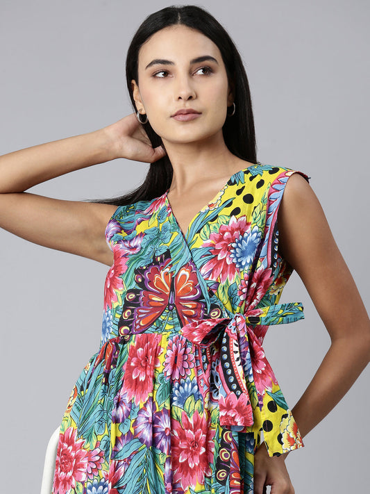 Women's Multi V-Neck Floral Printed Gathered Midi Wrap Dress