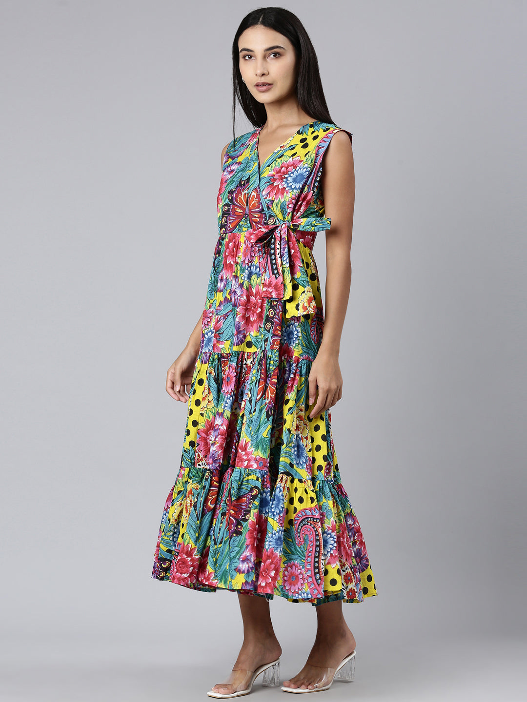 Women's Multi V-Neck Floral Printed Gathered Midi Wrap Dress