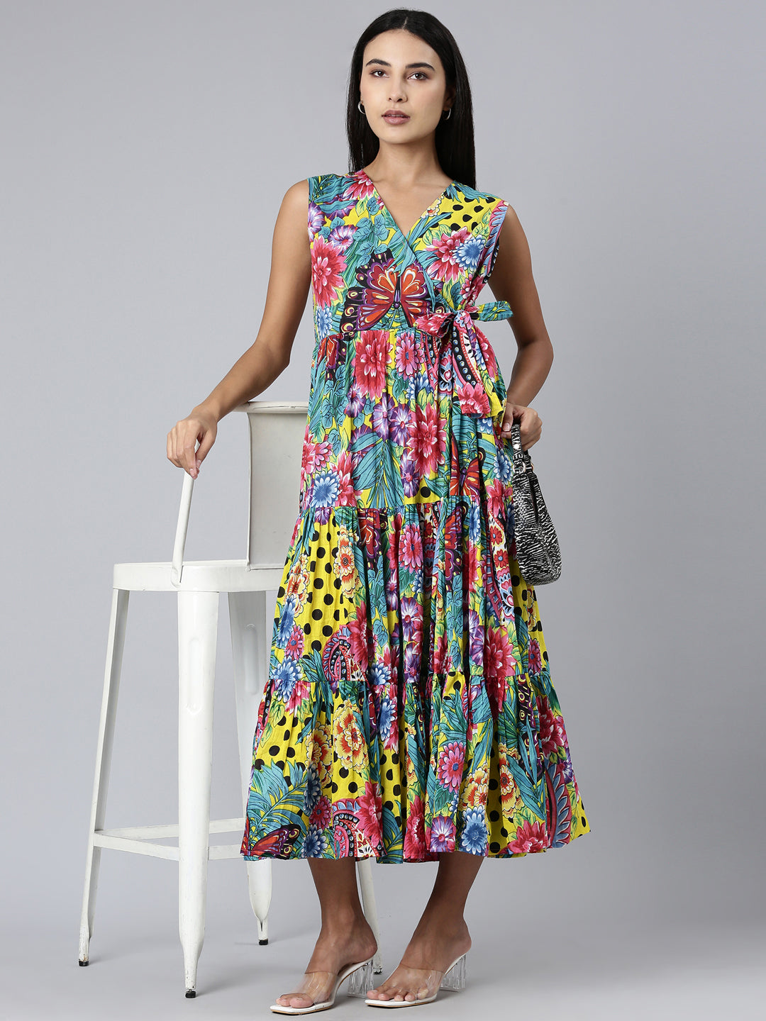 Women's Multi V-Neck Floral Printed Gathered Midi Wrap Dress