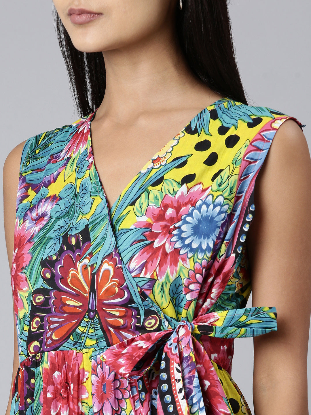 Women's Multi V-Neck Floral Printed Gathered Midi Wrap Dress