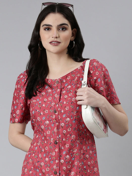 Women's Pink Floral Fit and Flare Dress