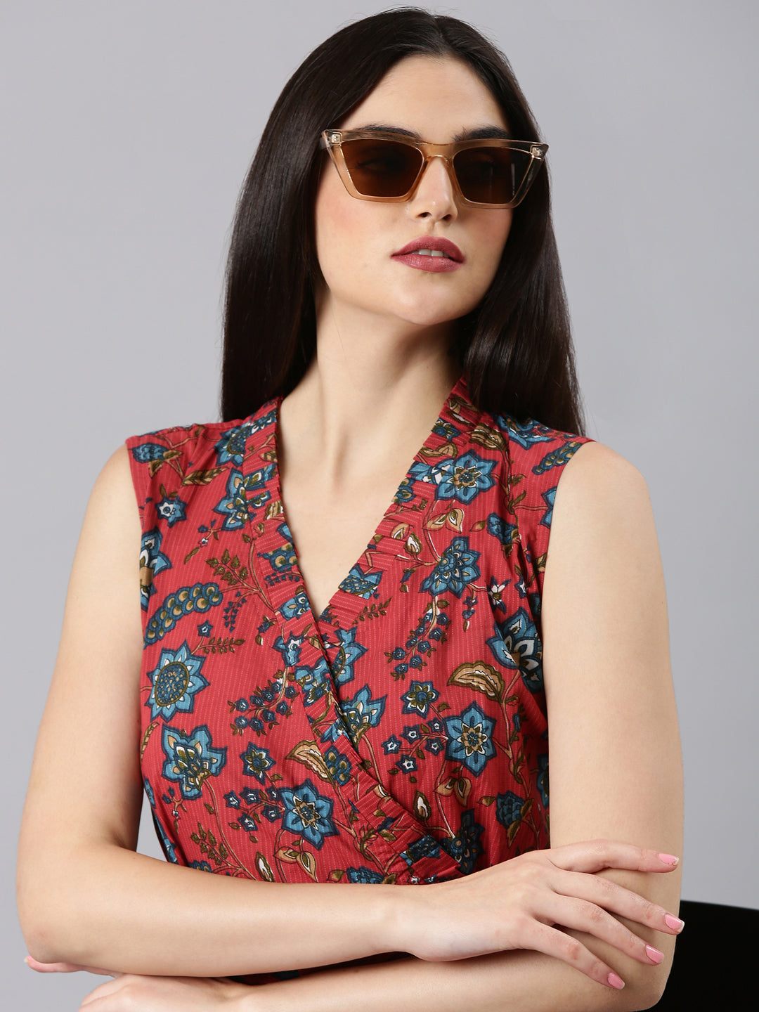 Women's Fuchsia Floral Printed V-Neck Sleeveless Wrap Dress With Belted