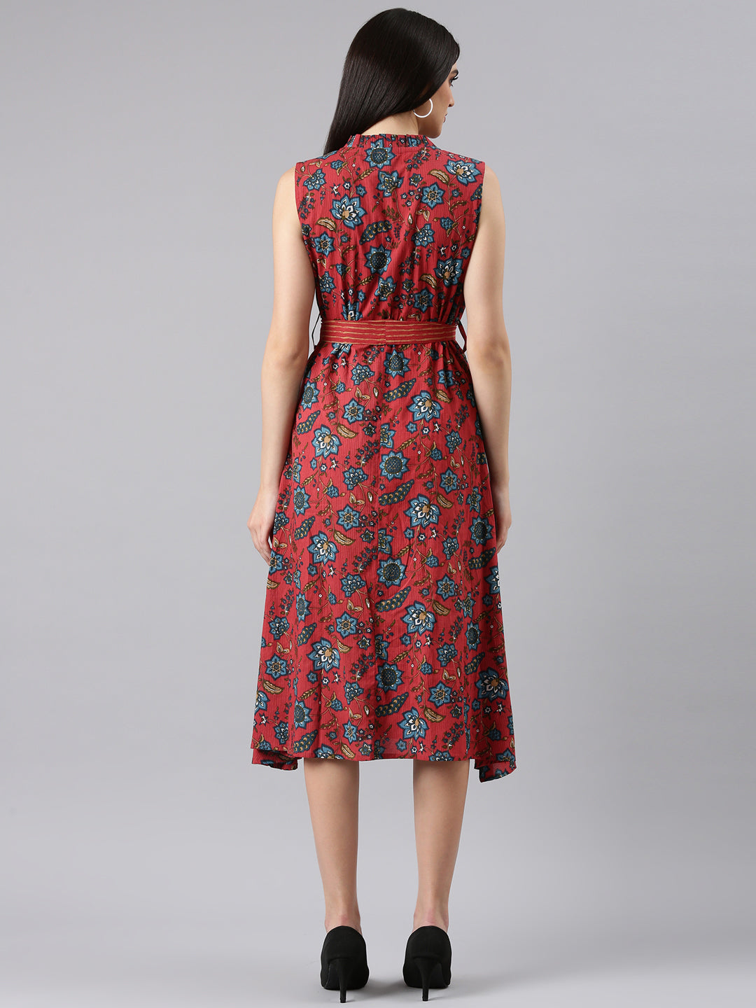 Women's Fuchsia Floral Printed V-Neck Sleeveless Wrap Dress With Belted