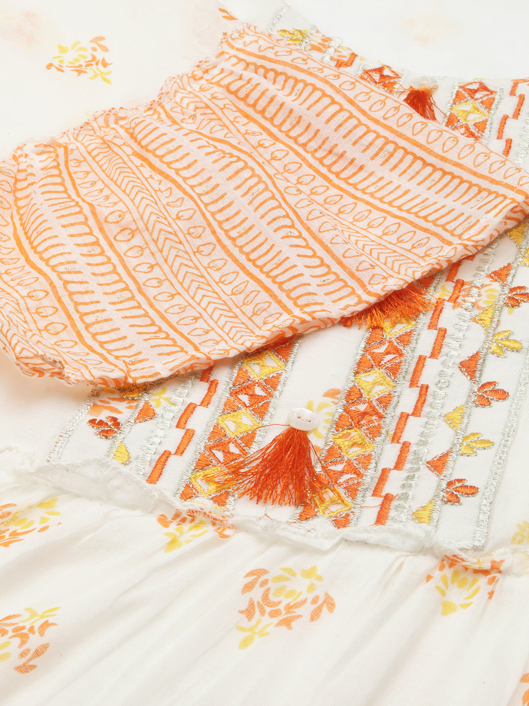 Women's Off White Floral Printed Bell Sleeve Fit and Flare Dress