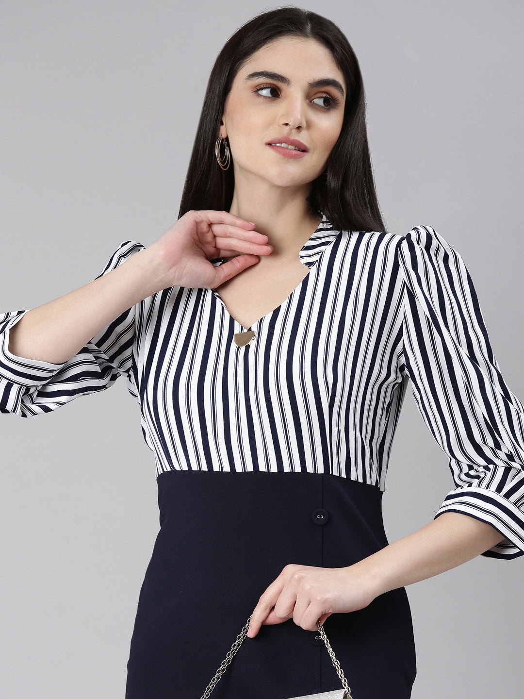 Women's Navy Blue Striped Mandarin Collar Puff Sleeves Sheath Dress