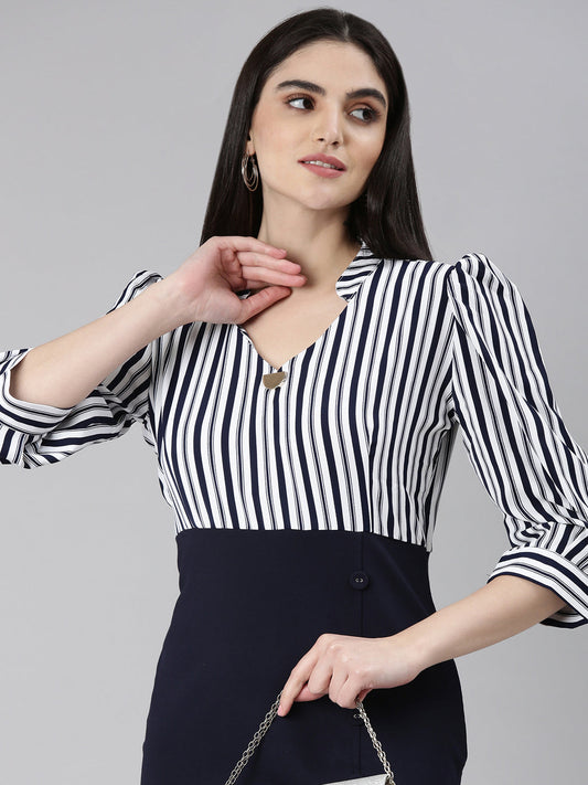 Women's Navy Blue Striped Mandarin Collar Puff Sleeves Sheath Dress