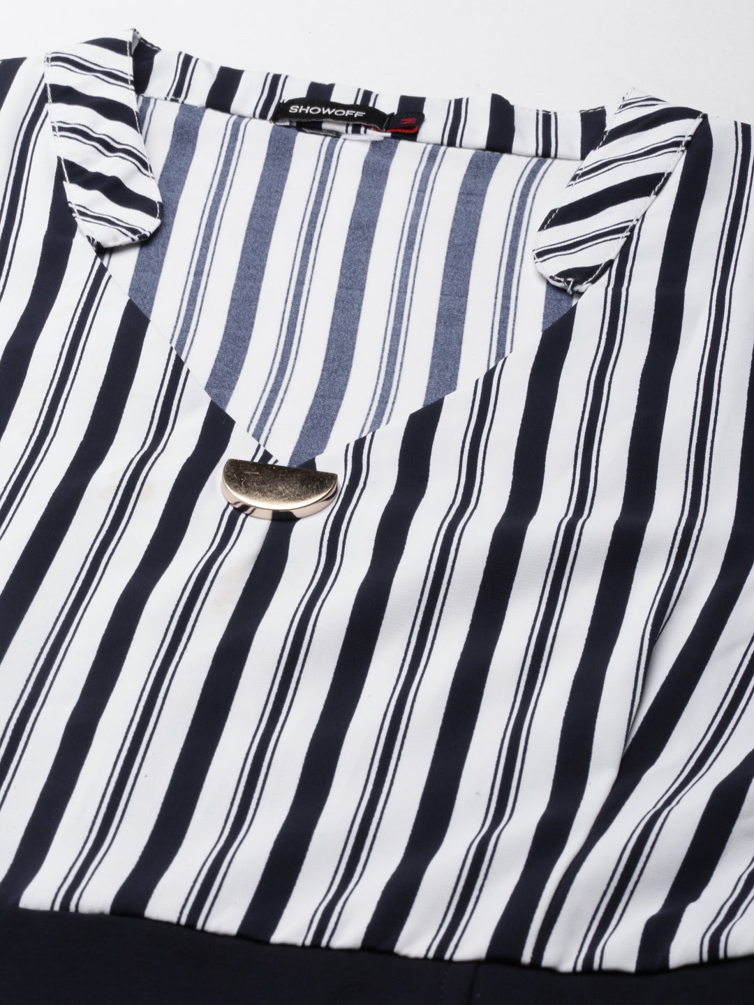 Women's Navy Blue Striped Mandarin Collar Puff Sleeves Sheath Dress