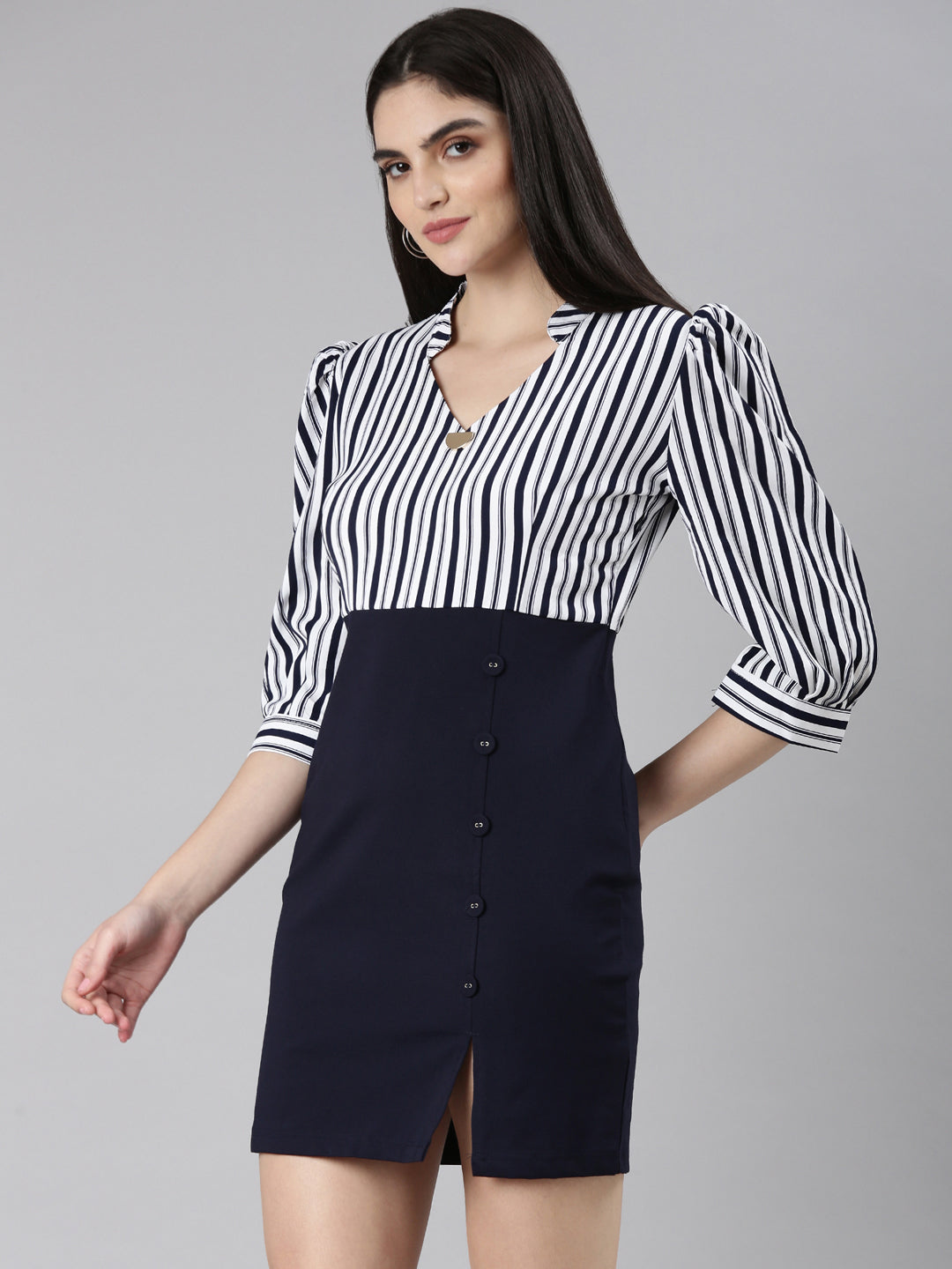 Women's Navy Blue Striped Mandarin Collar Puff Sleeves Sheath Dress