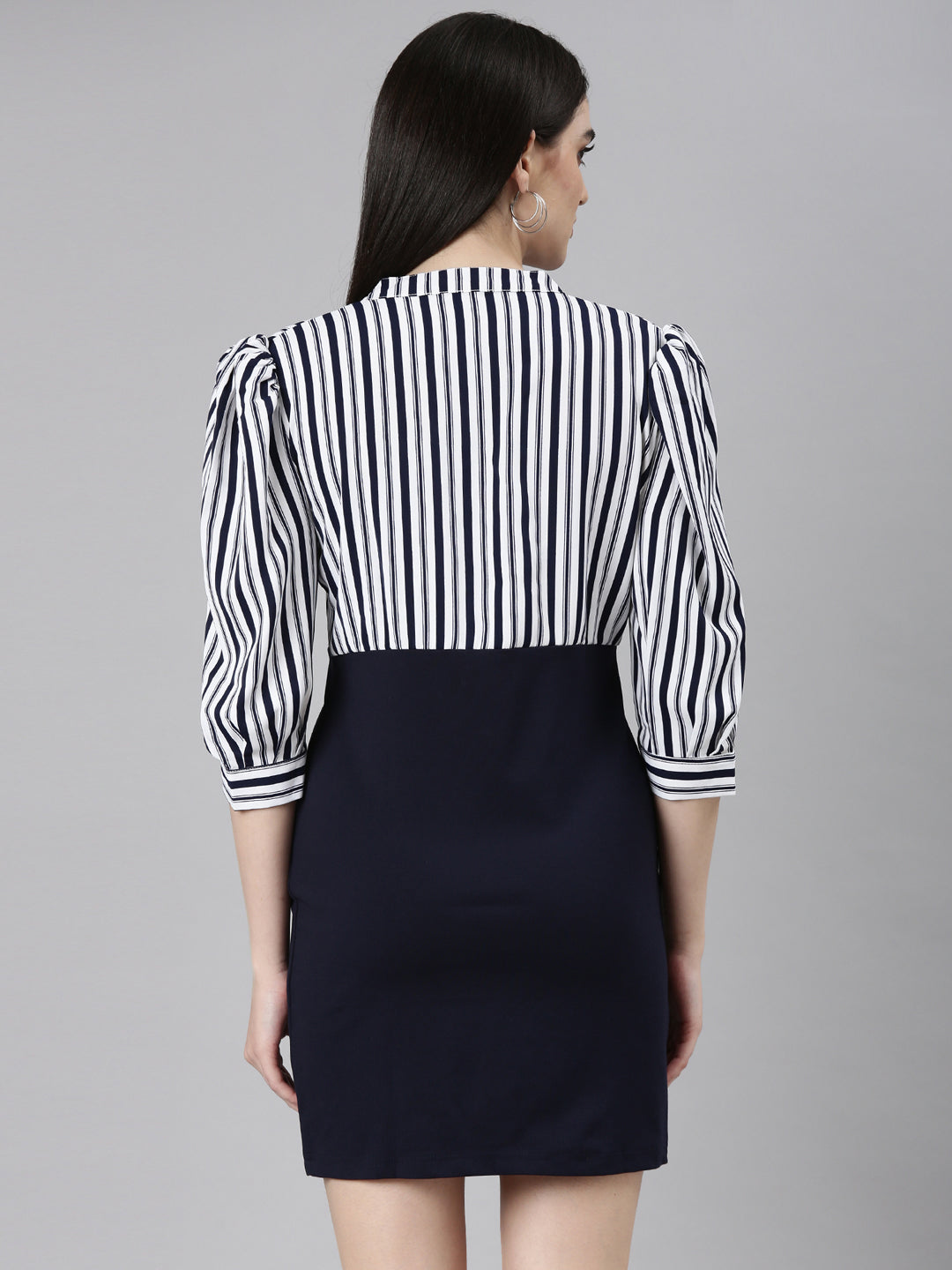 Women's Navy Blue Striped Mandarin Collar Puff Sleeves Sheath Dress