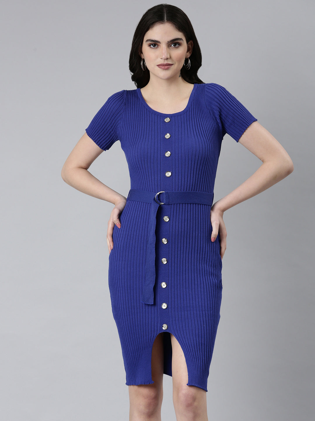 Women's Blue Self Design Short Sleeves Bodycon Dress