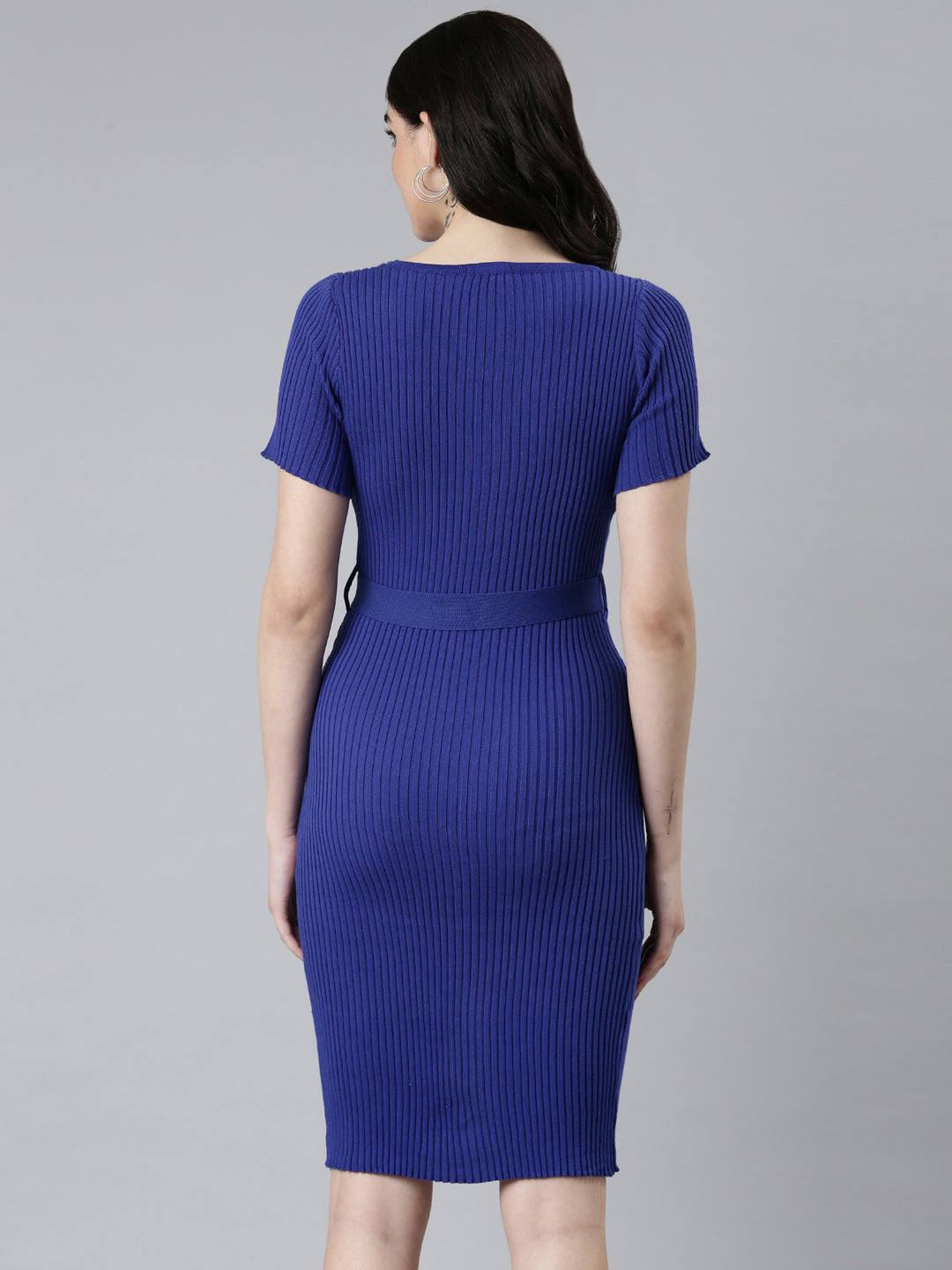 Women's Blue Self Design Short Sleeves Bodycon Dress