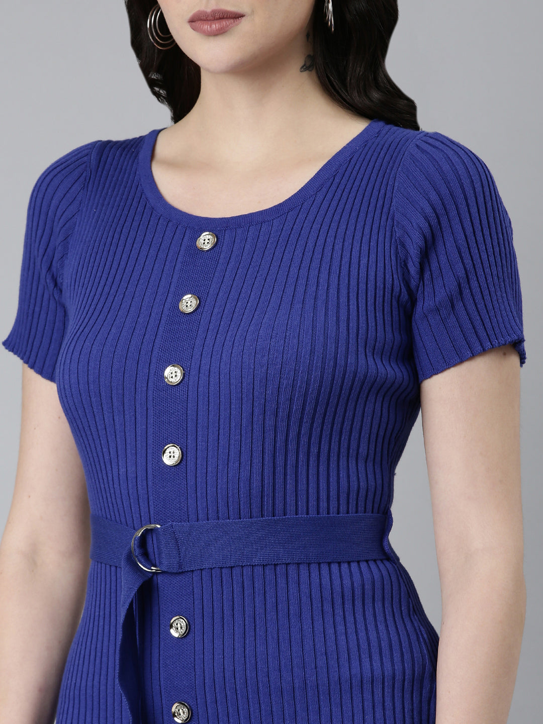 Women's Blue Self Design Short Sleeves Bodycon Dress