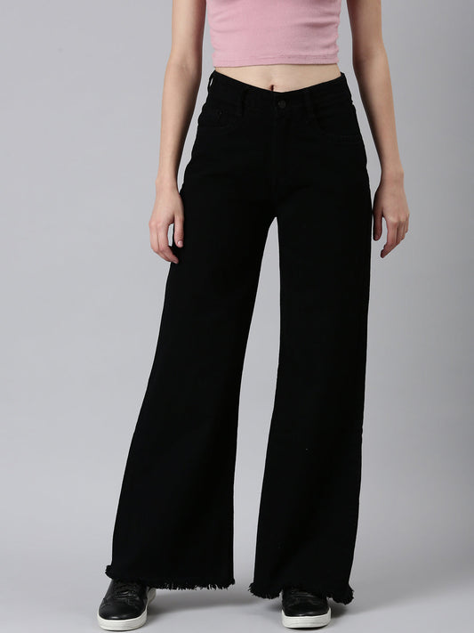Women's Black Solid Wide Leg Denim Jeans